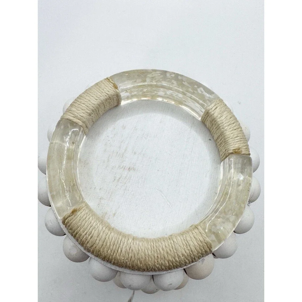 Vtg Lucite Bangle Bracelet Iridescent Inclusions Mother Of Pearl Twine Wrapped